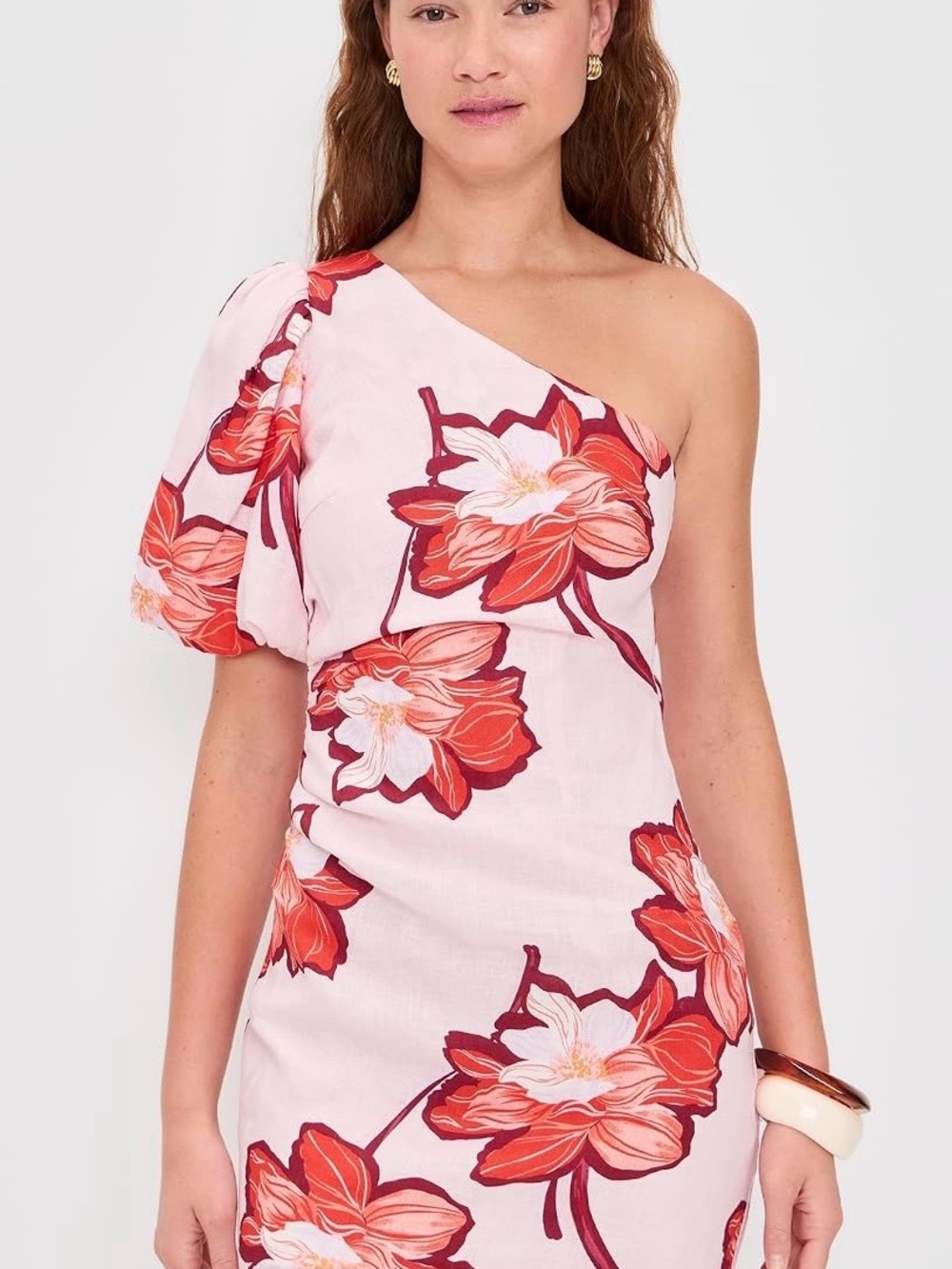 Kivari One-Shoulder Pink Dress with Red Floral Print
